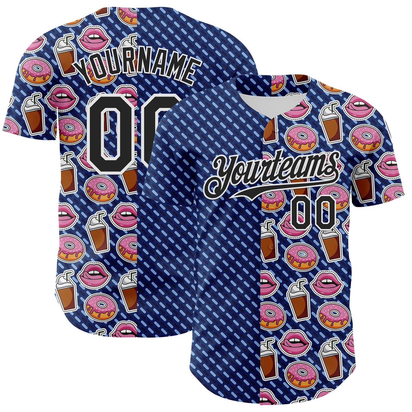 Custom US Navy Blue Black-White 3D Pattern Design Foodie Food Dessert Milkshake Donut Authentic Baseball Jersey - Sky-Custom