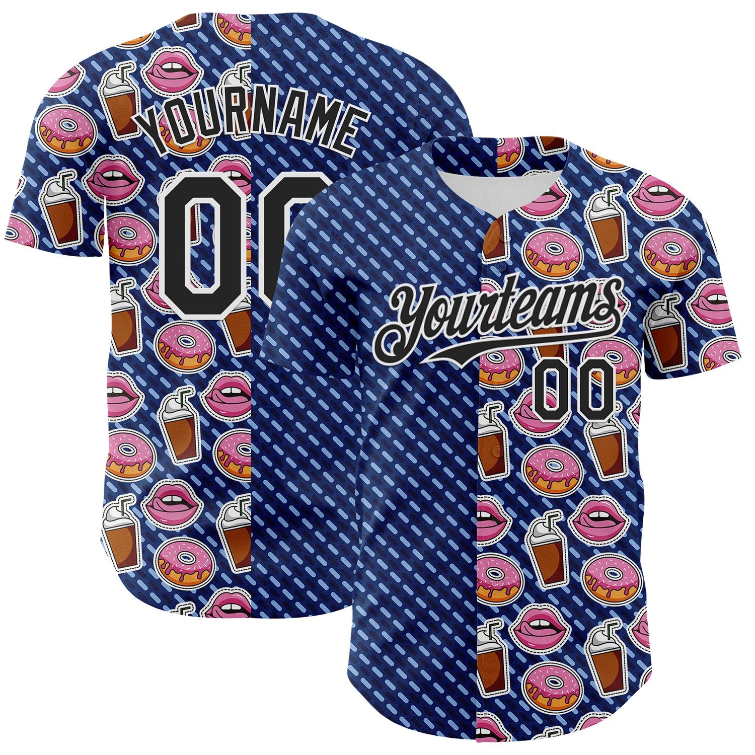 Custom US Navy Blue Black-White 3D Pattern Design Foodie Food Dessert Milkshake Donut Authentic Baseball Jersey - Sky-Custom