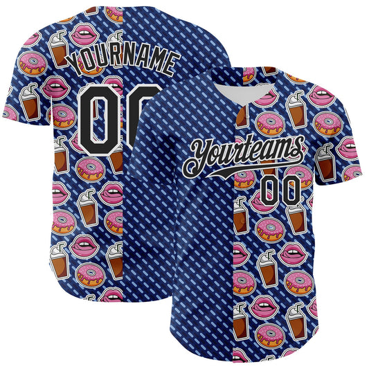 Custom US Navy Blue Black-White 3D Pattern Design Foodie Food Dessert Milkshake Donut Authentic Baseball Jersey - Sky-Custom