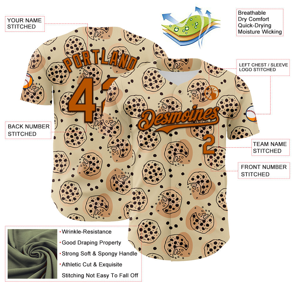 Custom Cream Texas Orange-Brown 3D Pattern Design Foodie Food Snack Chocolate Cookie Authentic Baseball Jersey - Sky-Custom