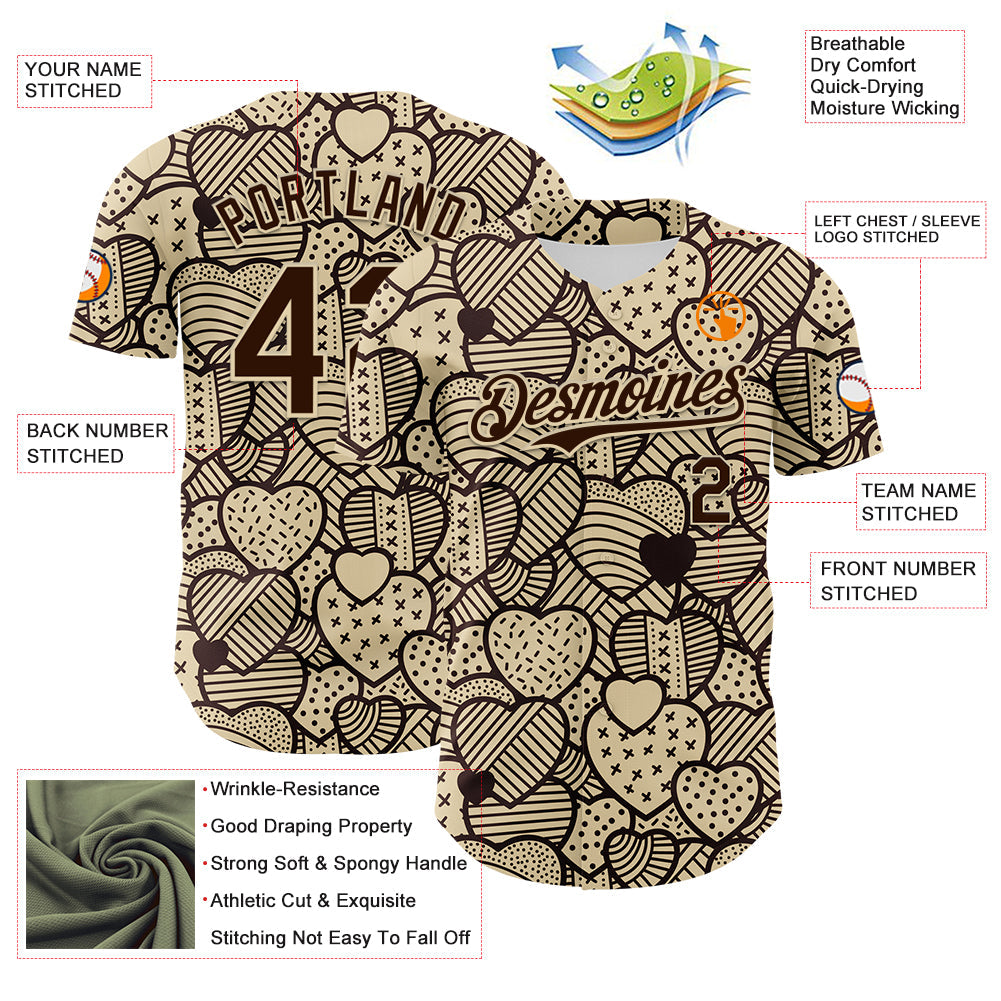 Custom Cream Brown 3D Pattern Design Foodie Food Snack Heart Chocolate Authentic Baseball Jersey - Sky-Custom