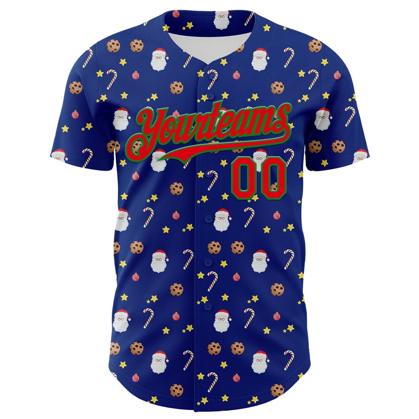 Custom Royal Fire Red-Grass Green 3D Pattern Design Christmas Foodie Food Snack Chocolate Cookie Candy Cane Authentic Baseball Jersey - Sky-Custom