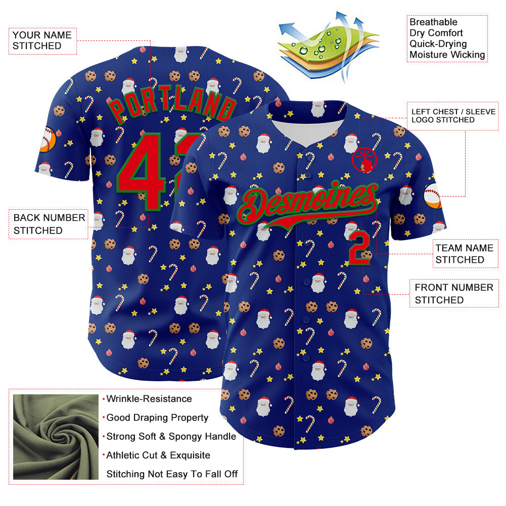 Custom Royal Fire Red-Grass Green 3D Pattern Design Christmas Foodie Food Snack Chocolate Cookie Candy Cane Authentic Baseball Jersey - Sky-Custom