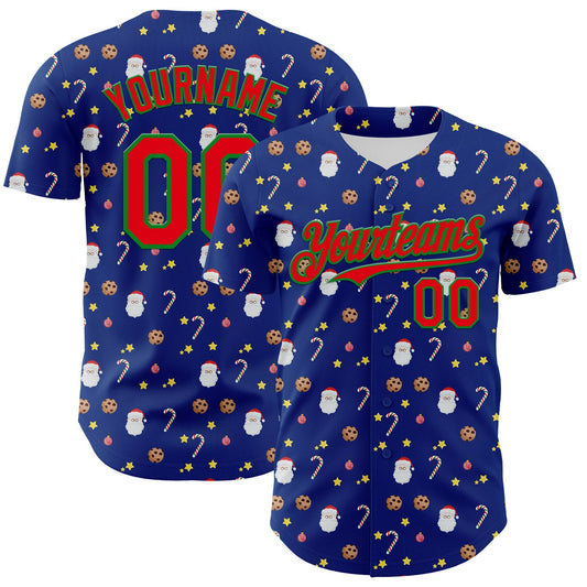 Custom Royal Fire Red-Grass Green 3D Pattern Design Christmas Foodie Food Snack Chocolate Cookie Candy Cane Authentic Baseball Jersey - Sky-Custom
