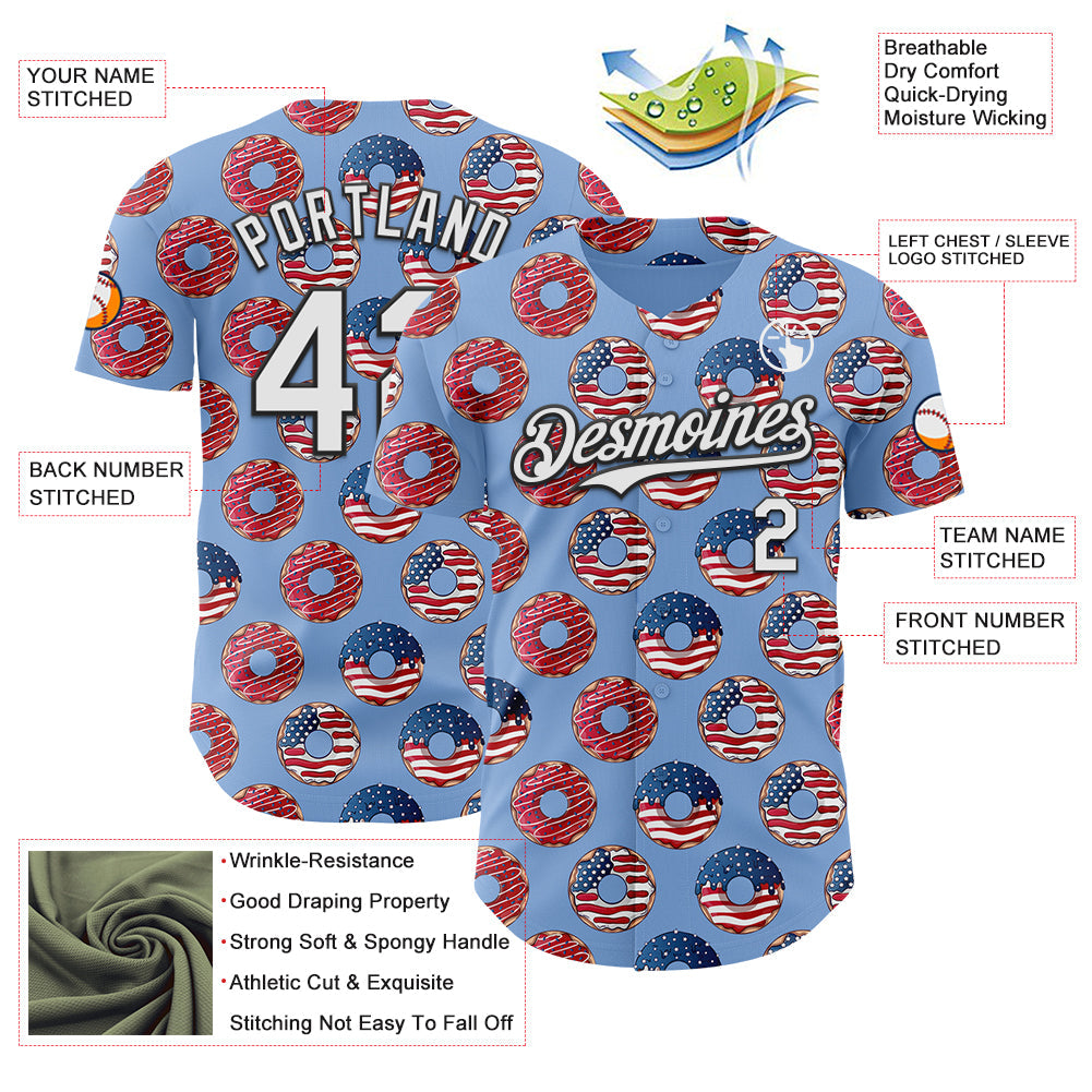 Custom Light Blue White-Black 3D Pattern Design USA Flag Foodie Food Dessert Donut Authentic Baseball Jersey - Sky-Custom