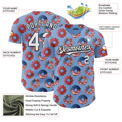 Custom Light Blue White-Black 3D Pattern Design USA Flag Foodie Food Dessert Donut Authentic Baseball Jersey - Sky-Custom