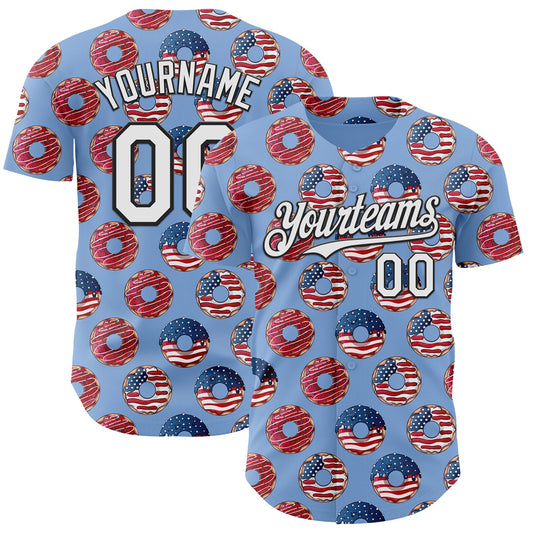 Custom Light Blue White-Black 3D Pattern Design USA Flag Foodie Food Dessert Donut Authentic Baseball Jersey - Sky-Custom