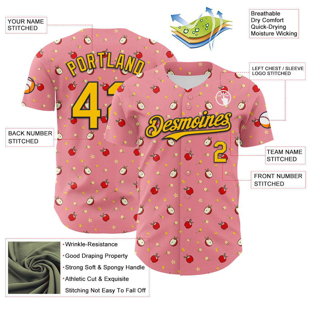 Custom Medium Pink Yellow-Black 3D Pattern Design Foodie Food Fruit Apple Authentic Baseball Jersey - Sky-Custom