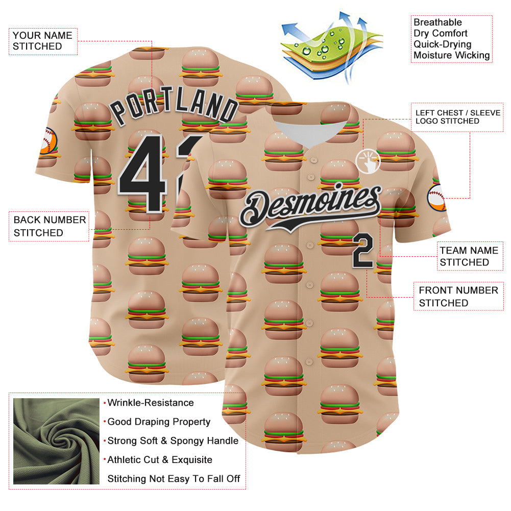 Custom Vegas Gold Black-White 3D Pattern Design Foodie Fast Food Burger Authentic Baseball Jersey - Sky-Custom