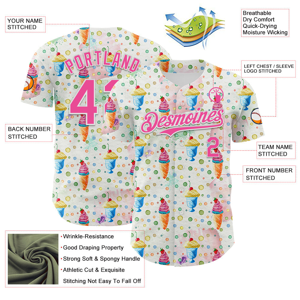 Custom White Pink 3D Pattern Design Foodie Food Dessert Ice Cream Authentic Baseball Jersey - Sky-Custom