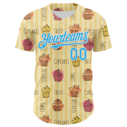 Custom Yellow Sky Blue-White 3D Pattern Design Foodie Food Dessert Cupcake Authentic Baseball Jersey - Sky-Custom