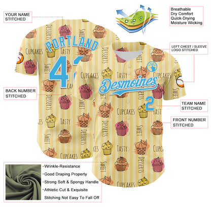 Custom Yellow Sky Blue-White 3D Pattern Design Foodie Food Dessert Cupcake Authentic Baseball Jersey - Sky-Custom