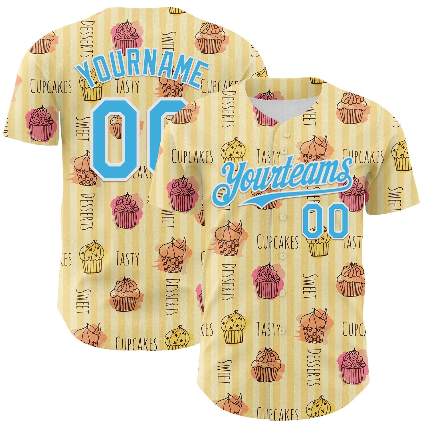 Custom Yellow Sky Blue-White 3D Pattern Design Foodie Food Dessert Cupcake Authentic Baseball Jersey - Sky-Custom