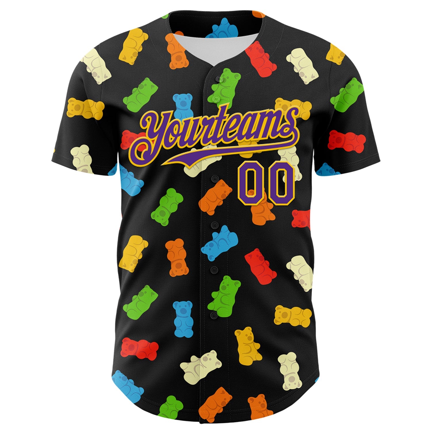 Custom Black Purple-Yellow 3D Pattern Design Foodie Food Snack Gummy Bear Authentic Baseball Jersey - Sky-Custom
