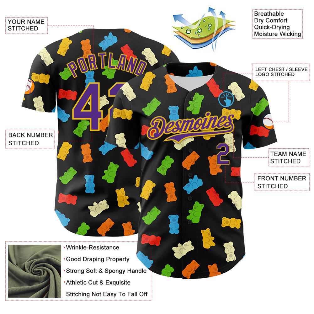 Custom Black Purple-Yellow 3D Pattern Design Foodie Food Snack Gummy Bear Authentic Baseball Jersey - Sky-Custom