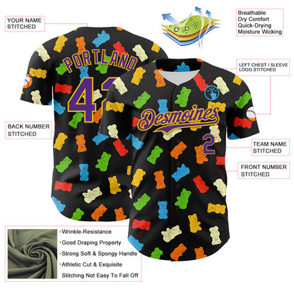 Custom Black Purple-Yellow 3D Pattern Design Foodie Food Snack Gummy Bear Authentic Baseball Jersey - Sky-Custom
