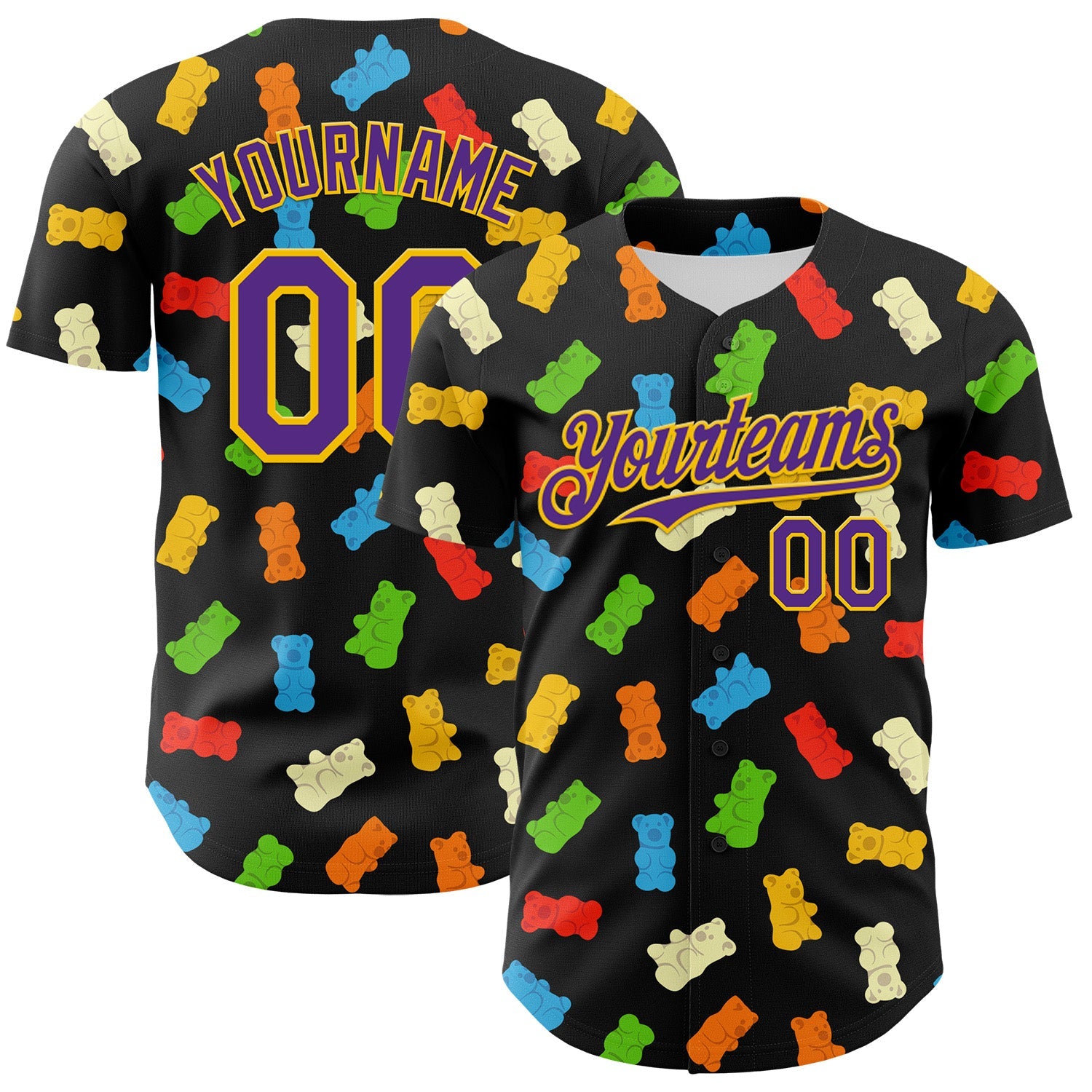 Custom Black Purple-Yellow 3D Pattern Design Foodie Food Snack Gummy Bear Authentic Baseball Jersey - Sky-Custom