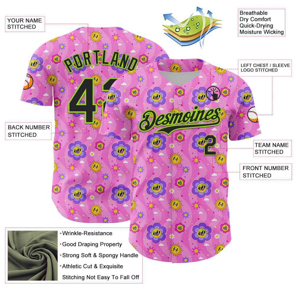 Custom Pink Black-Neon Green 3D Pattern Design Funny Cartoon Flower And Sun Authentic Baseball Jersey - Sky-Custom