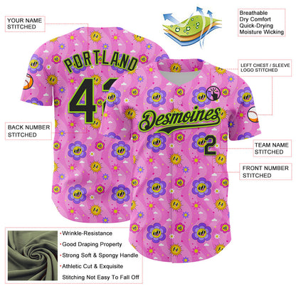 Custom Pink Black-Neon Green 3D Pattern Design Funny Cartoon Flower And Sun Authentic Baseball Jersey - Sky-Custom