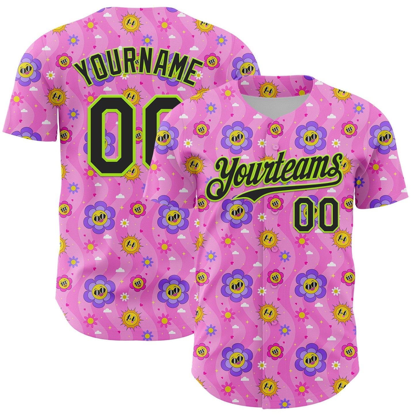 Custom Pink Black-Neon Green 3D Pattern Design Funny Cartoon Flower And Sun Authentic Baseball Jersey - Sky-Custom