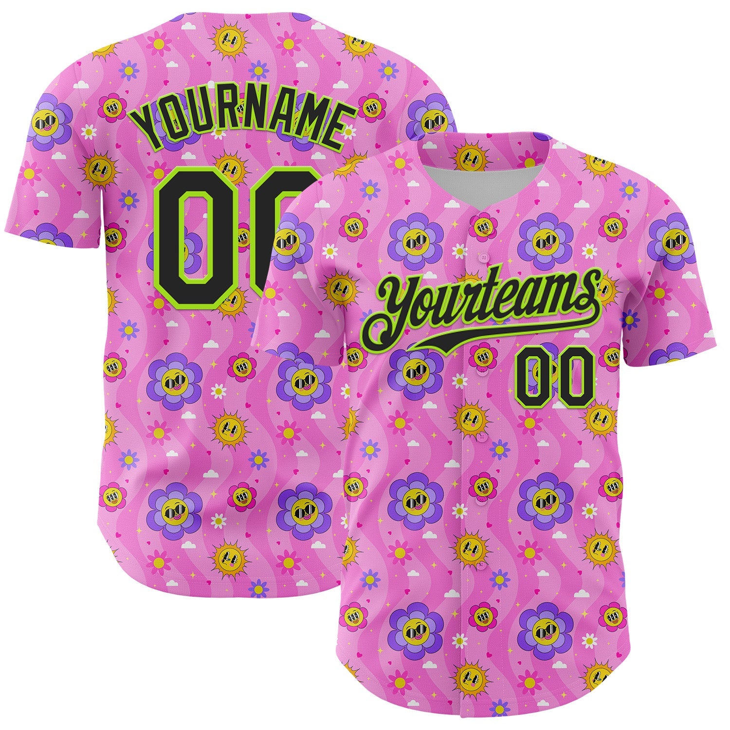 Custom Pink Black-Neon Green 3D Pattern Design Funny Cartoon Flower And Sun Authentic Baseball Jersey - Sky-Custom