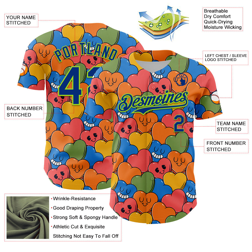 Custom White Royal-Neon Green 3D Pattern Design Funny Cartoon Heart Authentic Baseball Jersey - Sky-Custom