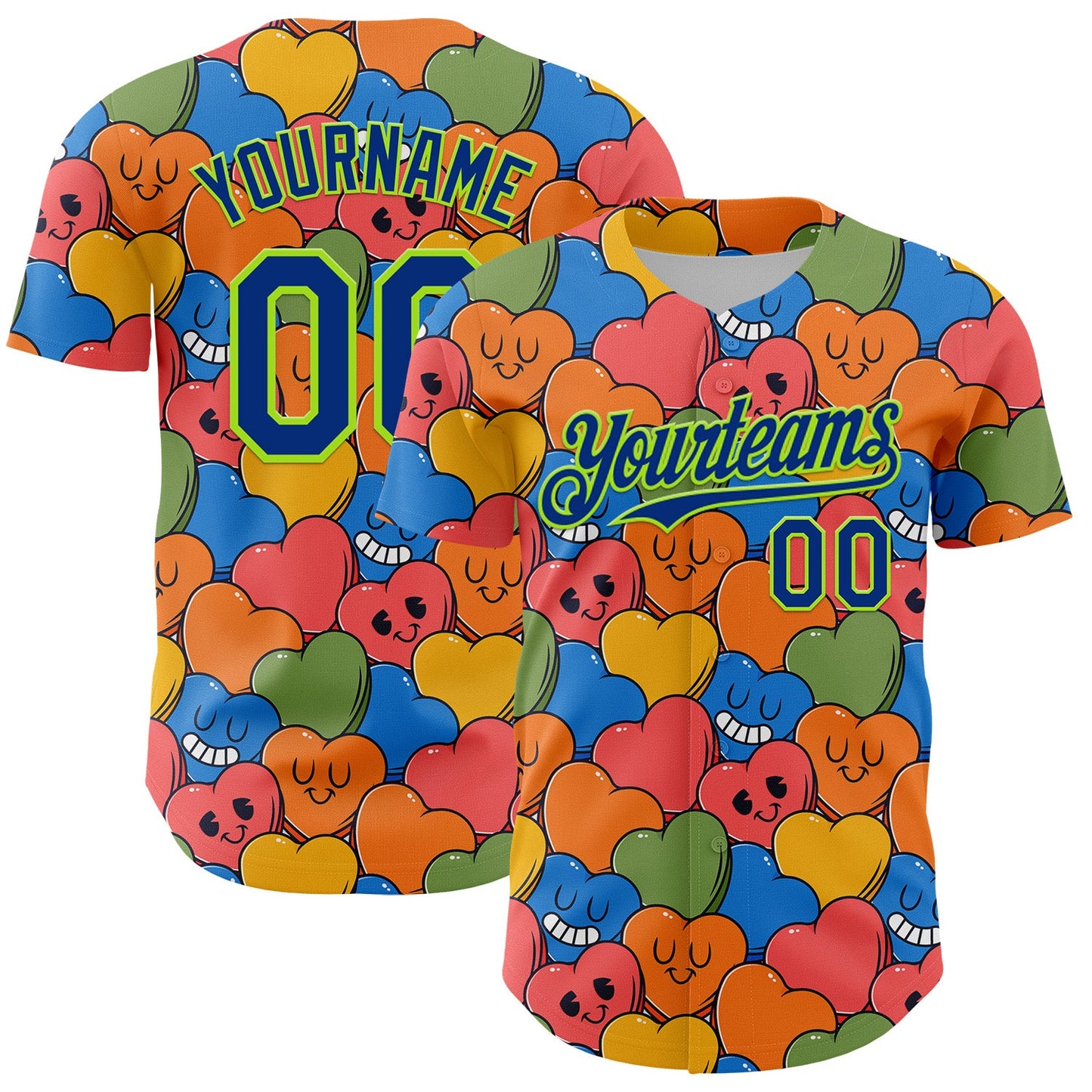 Custom White Royal-Neon Green 3D Pattern Design Funny Cartoon Heart Authentic Baseball Jersey - Sky-Custom
