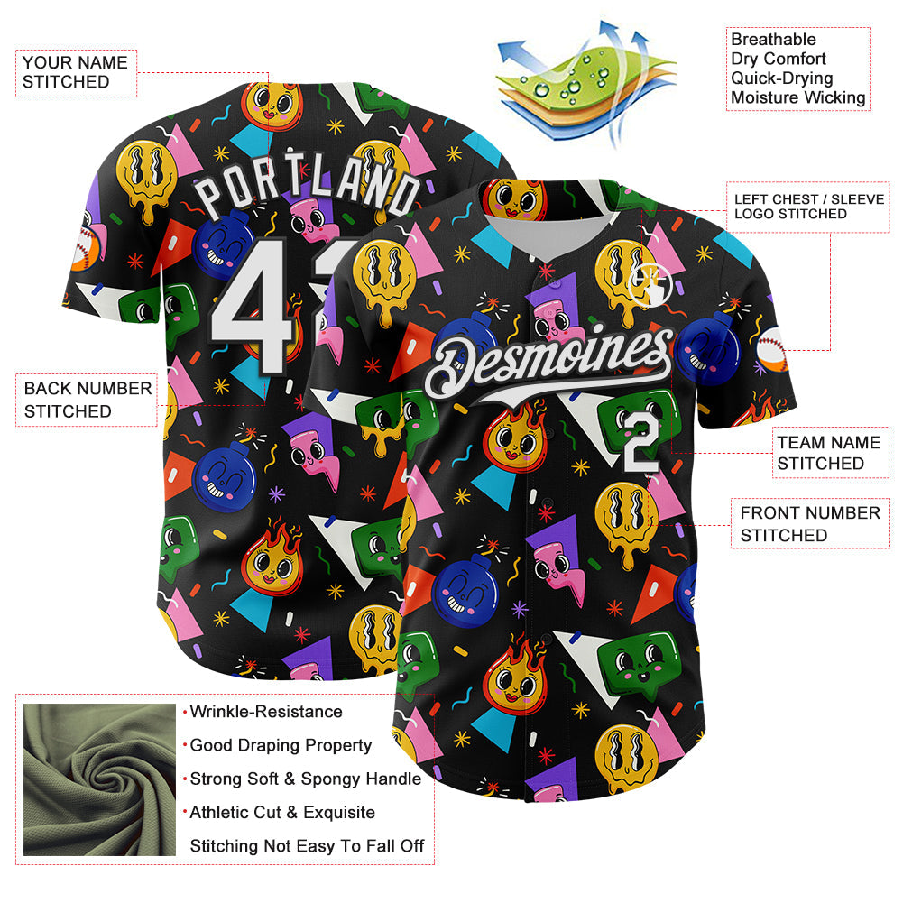 Custom Black White 3D Pattern Design Funny Cartoon Emoji Face Authentic Baseball Jersey - Sky-Custom