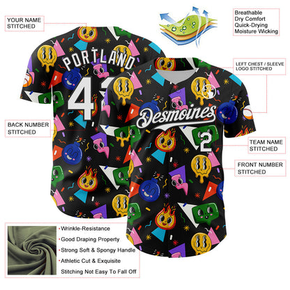 Custom Black White 3D Pattern Design Funny Cartoon Emoji Face Authentic Baseball Jersey - Sky-Custom