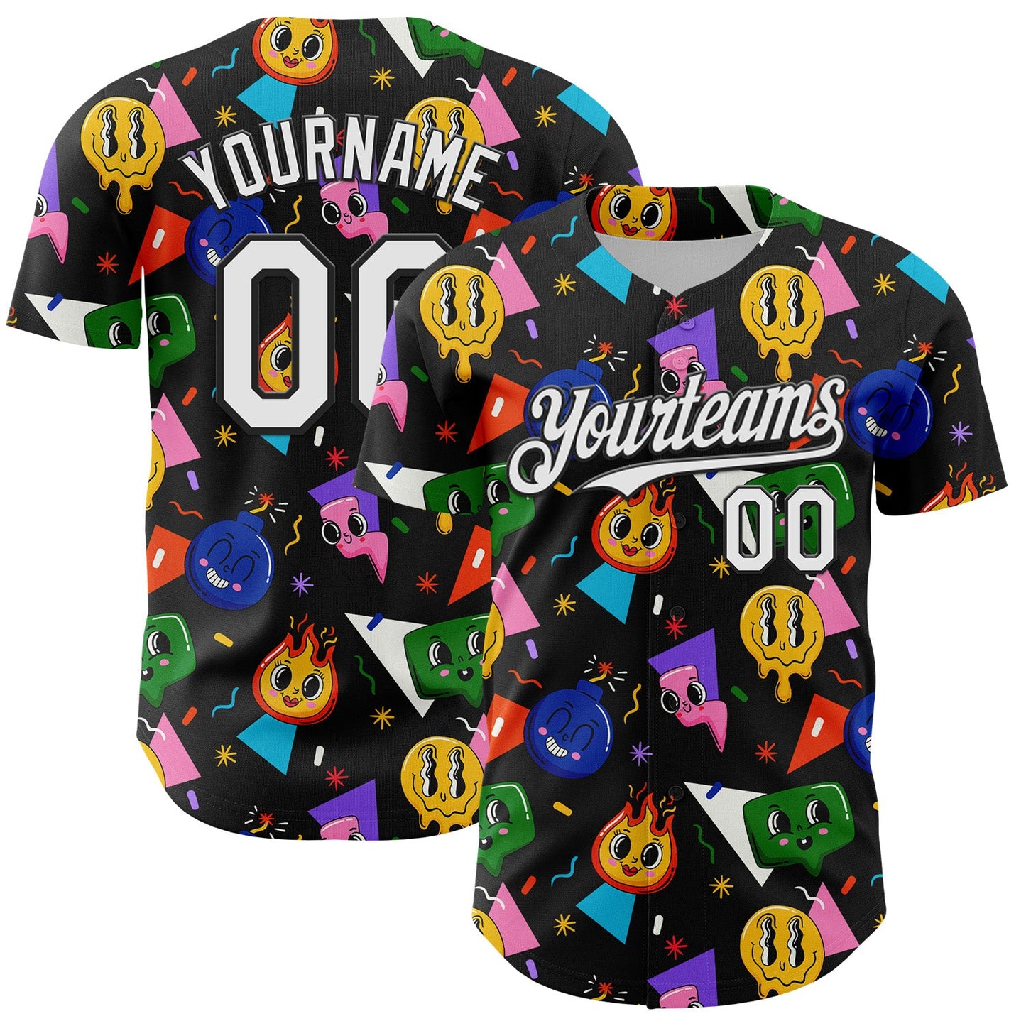 Custom Black White 3D Pattern Design Funny Cartoon Emoji Face Authentic Baseball Jersey - Sky-Custom
