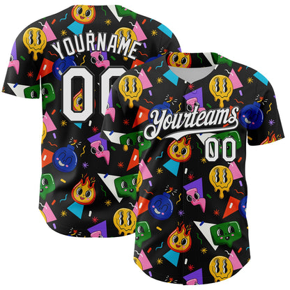 Custom Black White 3D Pattern Design Funny Cartoon Emoji Face Authentic Baseball Jersey - Sky-Custom