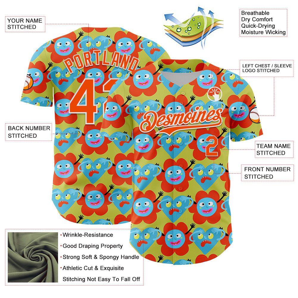 Custom Neon Yellow Orange-White 3D Pattern Design Funny Cartoon Flower And Heart Authentic Baseball Jersey - Sky-Custom