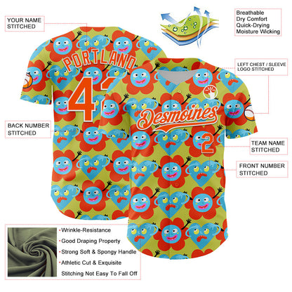 Custom Neon Yellow Orange-White 3D Pattern Design Funny Cartoon Flower And Heart Authentic Baseball Jersey - Sky-Custom
