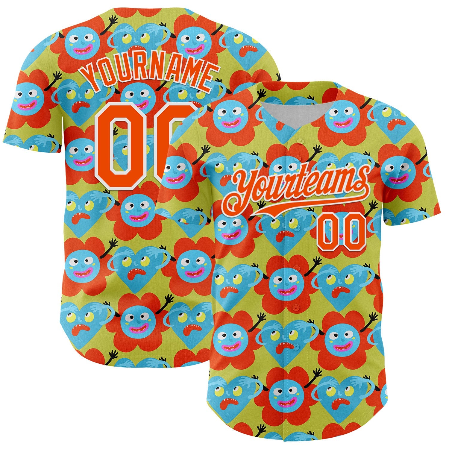 Custom Neon Yellow Orange-White 3D Pattern Design Funny Cartoon Flower And Heart Authentic Baseball Jersey - Sky-Custom