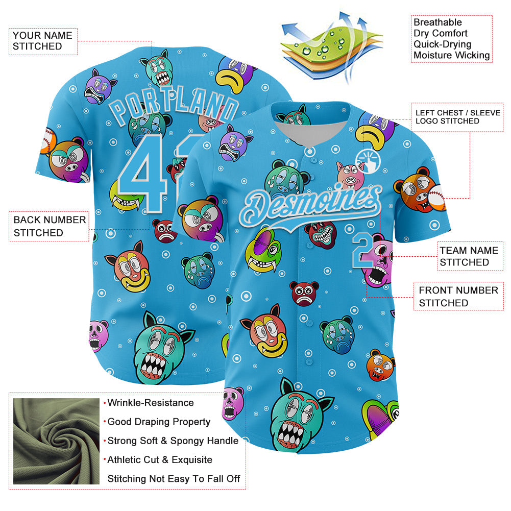 Custom Sky Blue White 3D Pattern Design Funny Cartoon Animal Authentic Baseball Jersey - Sky-Custom