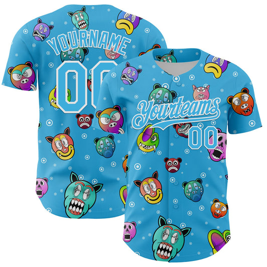 Custom Sky Blue White 3D Pattern Design Funny Cartoon Animal Authentic Baseball Jersey - Sky-Custom