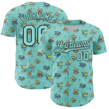 Custom Ice Blue Black 3D Pattern Design Funny Cartoon Monster Authentic Baseball Jersey - Sky-Custom