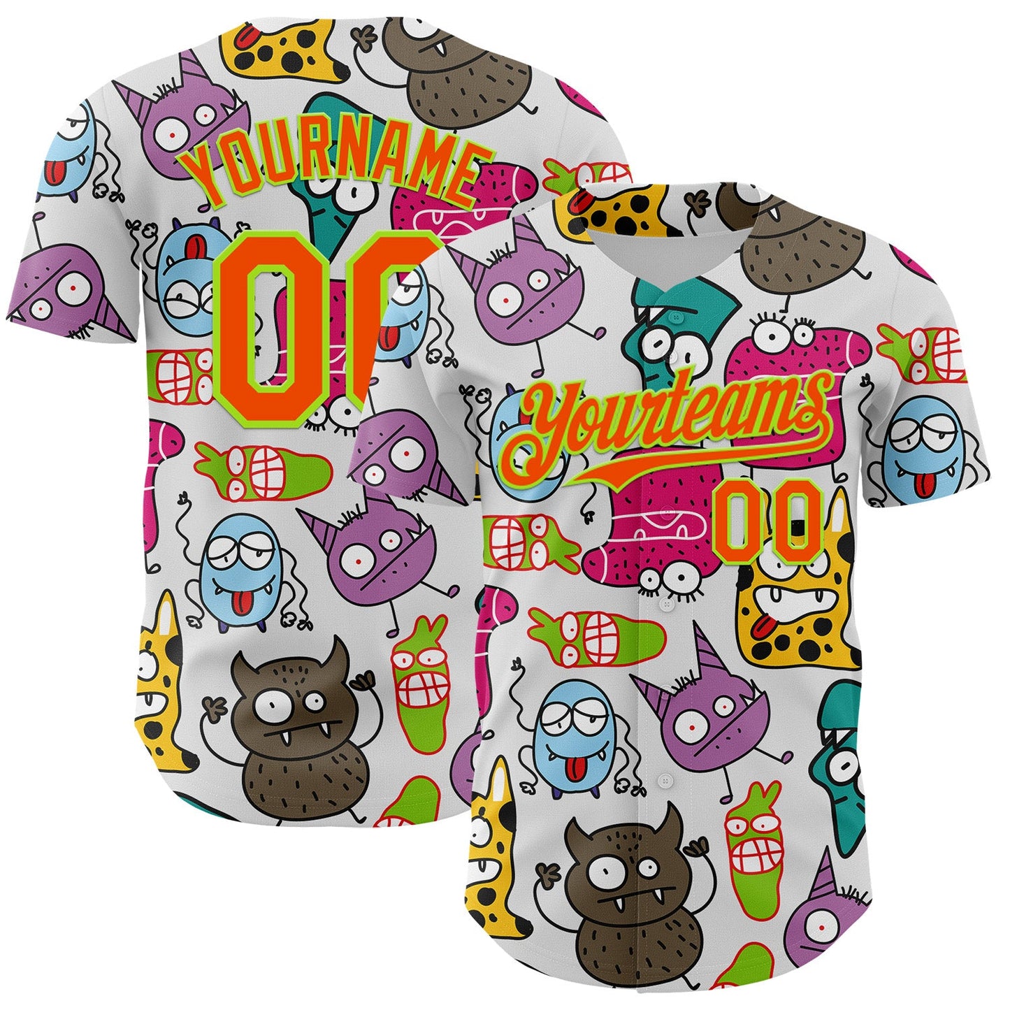 Custom White Orange-Neon Green 3D Pattern Design Funny Cartoon Monster Authentic Baseball Jersey - Sky-Custom