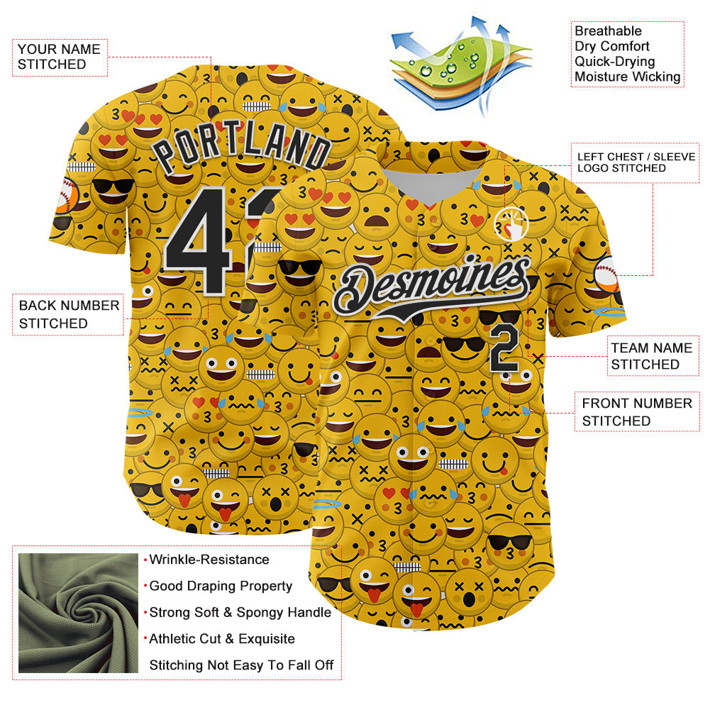 Custom Gold Black-White 3D Pattern Design Funny Cartoon Emoji Face Authentic Baseball Jersey - Sky-Custom