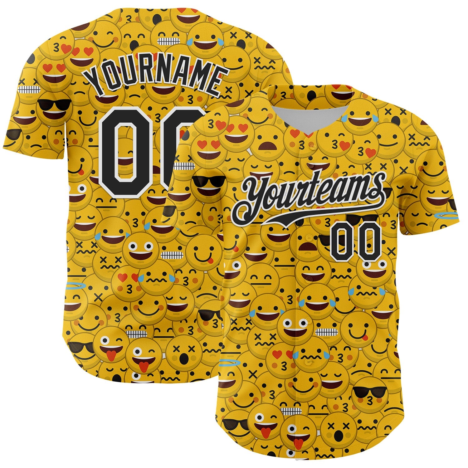 Custom Gold Black-White 3D Pattern Design Funny Cartoon Emoji Face Authentic Baseball Jersey - Sky-Custom
