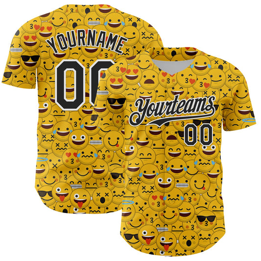 Custom Gold Black-White 3D Pattern Design Funny Cartoon Emoji Face Authentic Baseball Jersey - Sky-Custom