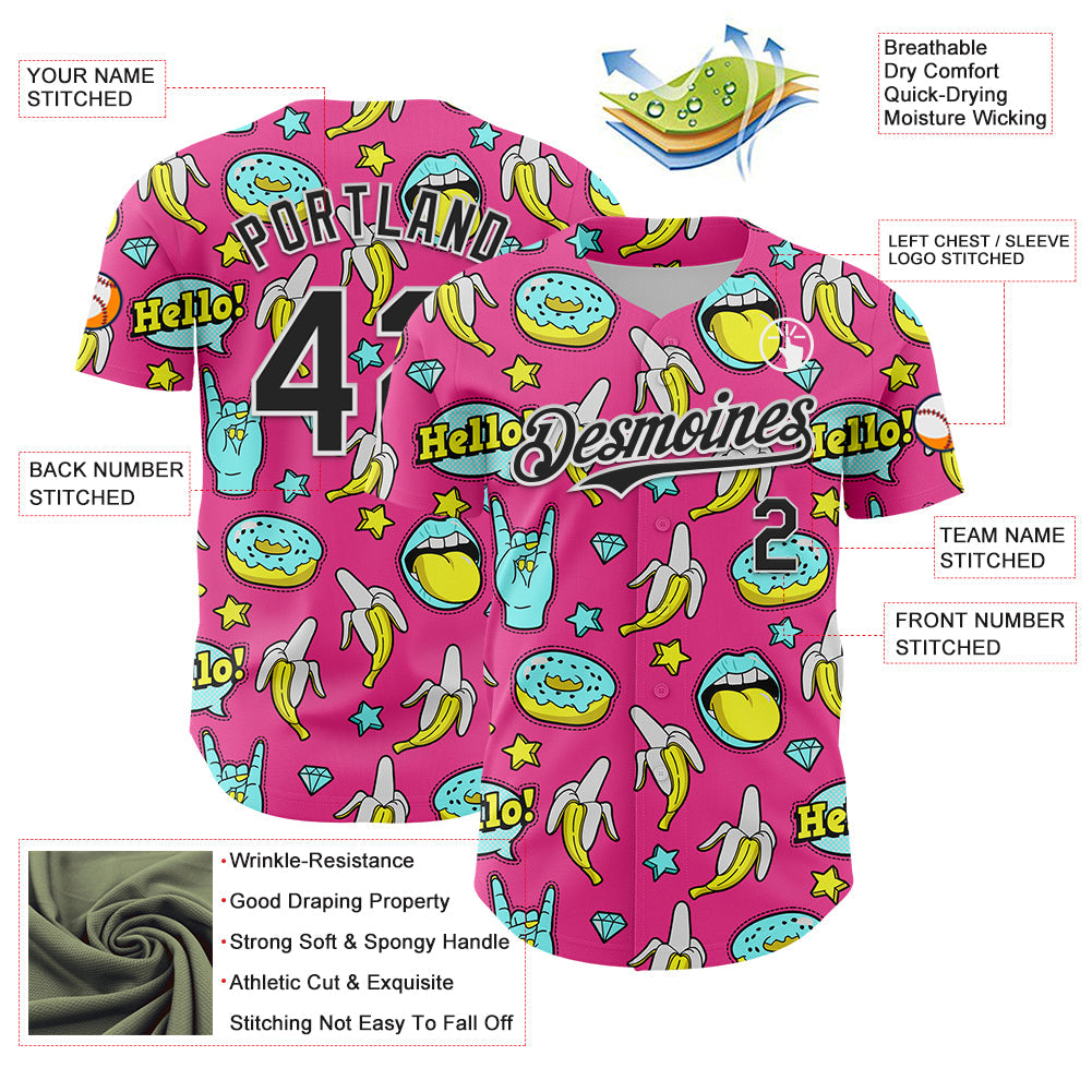 Custom Pink Black-White 3D Pattern Design Funny Cartoon Food Donut And Fruit Banana Authentic Baseball Jersey - Sky-Custom