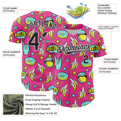 Custom Pink Black-White 3D Pattern Design Funny Cartoon Food Donut And Fruit Banana Authentic Baseball Jersey - Sky-Custom