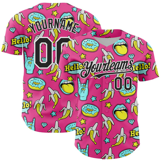 Custom Pink Black-White 3D Pattern Design Funny Cartoon Food Donut And Fruit Banana Authentic Baseball Jersey - Sky-Custom