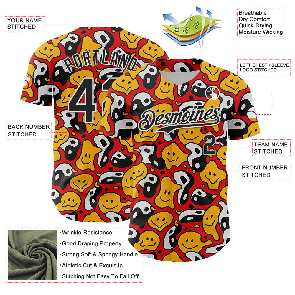 Custom Red Black-White 3D Pattern Design Funny Cartoon Emoji Smile Face And Yin Yang Authentic Baseball Jersey - Sky-Custom