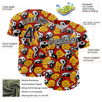 Custom Red Black-White 3D Pattern Design Funny Cartoon Emoji Smile Face And Yin Yang Authentic Baseball Jersey - Sky-Custom