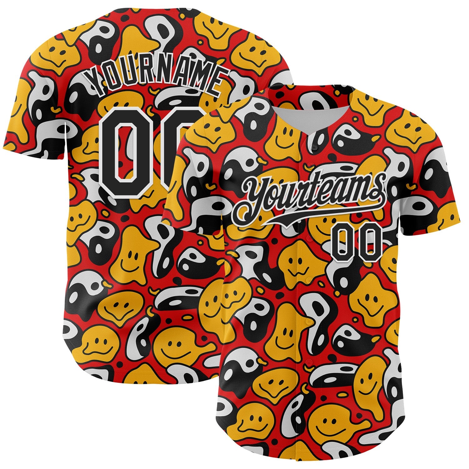 Custom Red Black-White 3D Pattern Design Funny Cartoon Emoji Smile Face And Yin Yang Authentic Baseball Jersey - Sky-Custom
