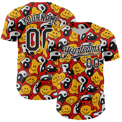 Custom Red Black-White 3D Pattern Design Funny Cartoon Emoji Smile Face And Yin Yang Authentic Baseball Jersey - Sky-Custom