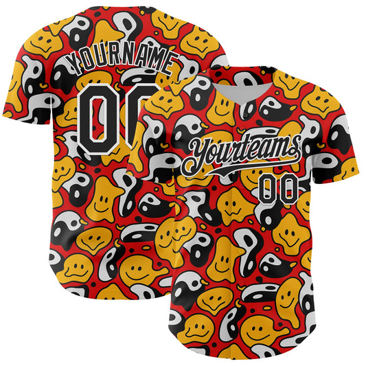 Custom Red Black-White 3D Pattern Design Funny Cartoon Emoji Smile Face And Yin Yang Authentic Baseball Jersey - Sky-Custom