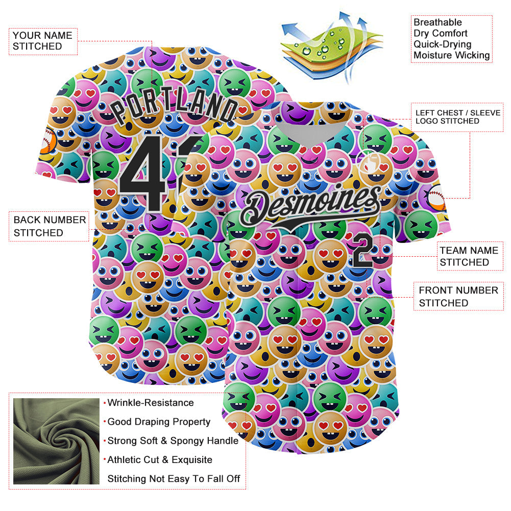 Custom White Black 3D Pattern Design Funny Cartoon Emoji Face Authentic Baseball Jersey - Sky-Custom